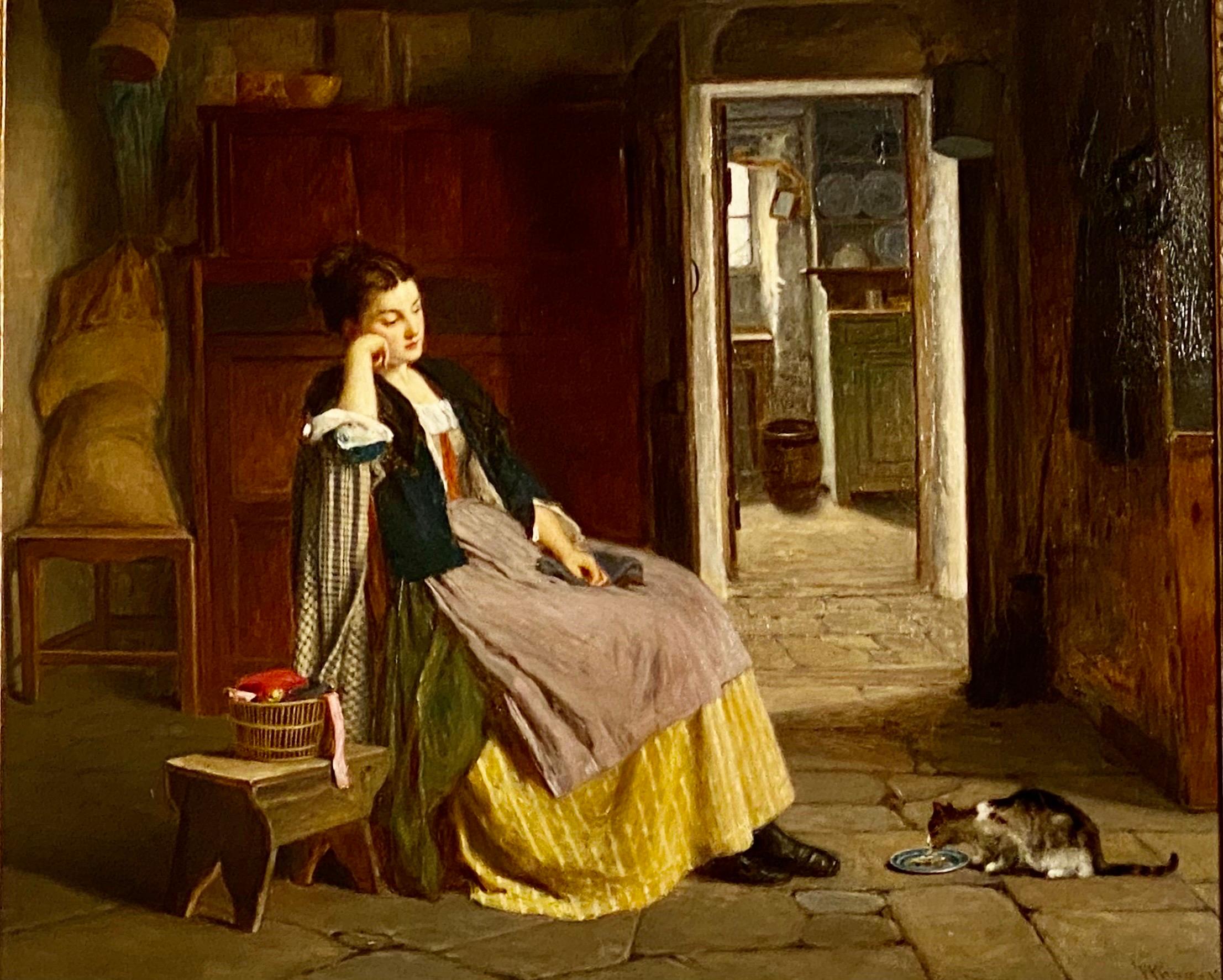 Une étude habile d'une femme par le peintre de genre victorien Haynes King (1831-1904).
À la fin du XIXe siècle, King était très apprécié pour ses représentations des foyers quotidiens de la classe ouvrière. Des tableaux tels que 