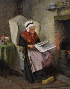 19th Century genre oil painting of an elderly woman in a cottage