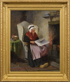 19th Century genre oil painting of an elderly woman in a cottage