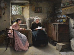 Peinture à l'huile de genre du 19e siècle représentant deux femmes dans un chalet