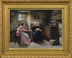 19th Century Genre oil painting of two women in a cottage