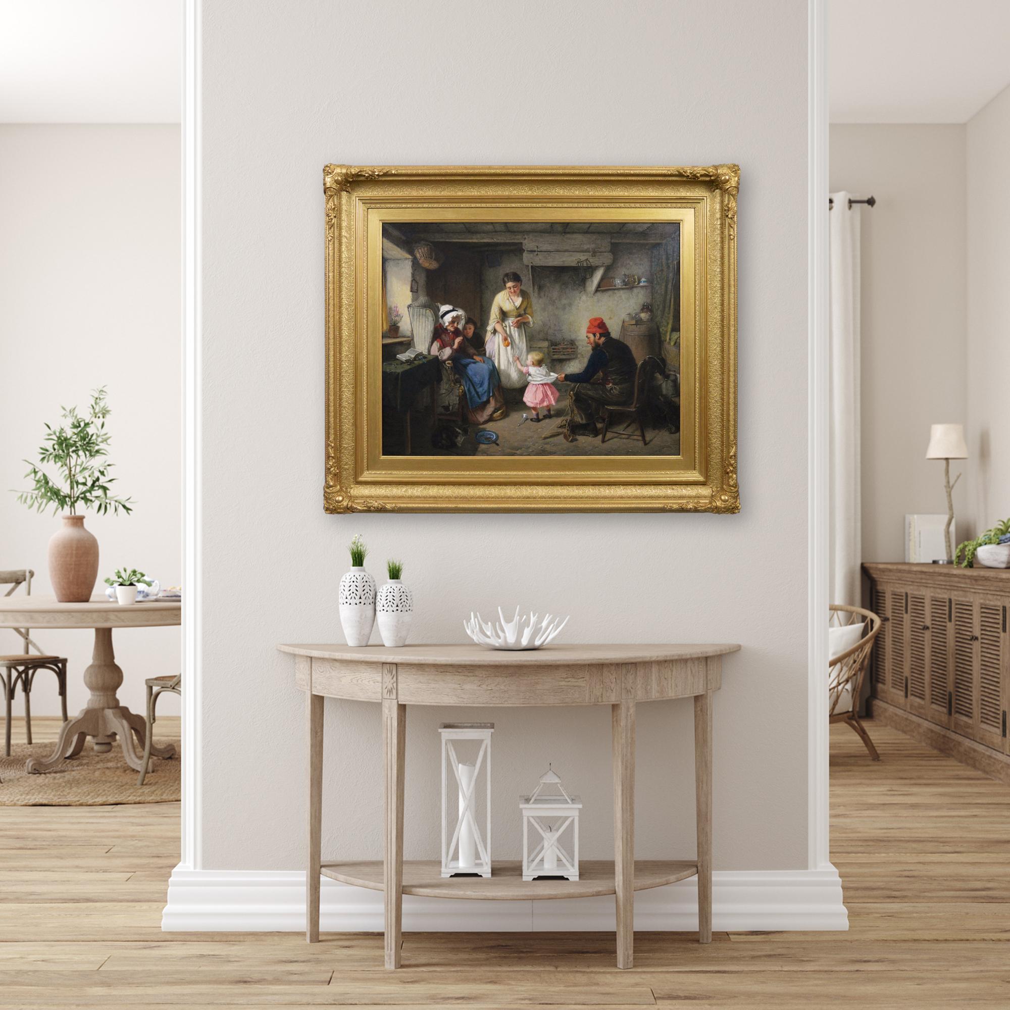 Pintura al óleo de género a gran escala de una familia en el interior de una casa de campo en venta 7