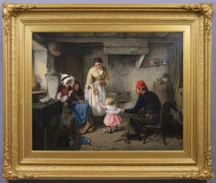 Large scale genre oil painting of a family in a cottage interior