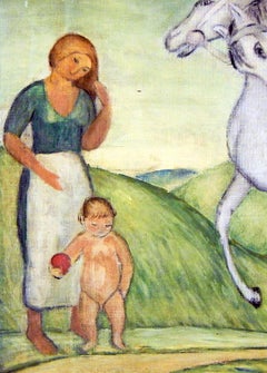 "Haywagon, " Charming Art Deco-WPA Era Painting with Folk Art Influence