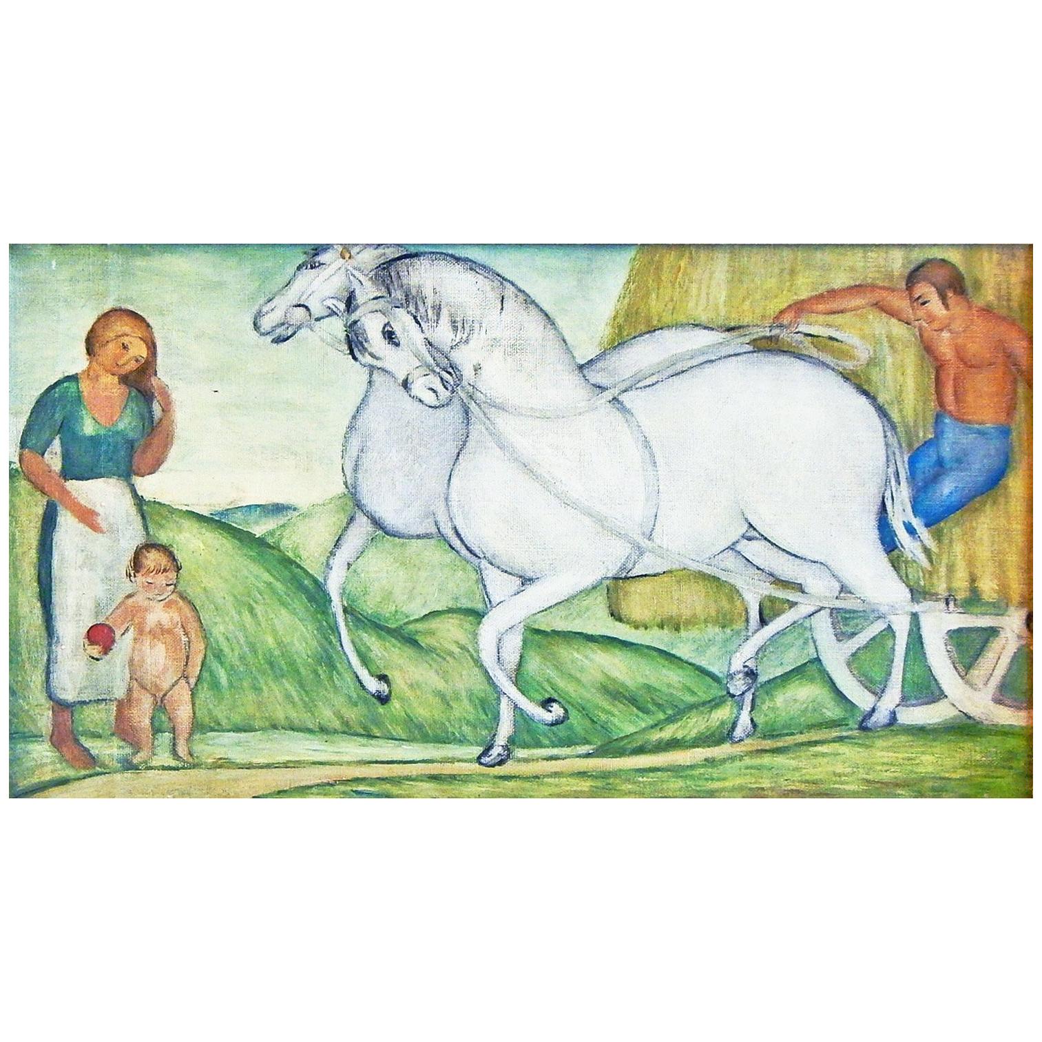 „Haywagon“, „ Charmantes Gemälde aus der Art-Déco-WPA-Ära mit Folk Art-Einfluss“