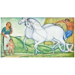 "Haywagon, " Charming Art Deco-WPA Era Painting with Folk Art Influence