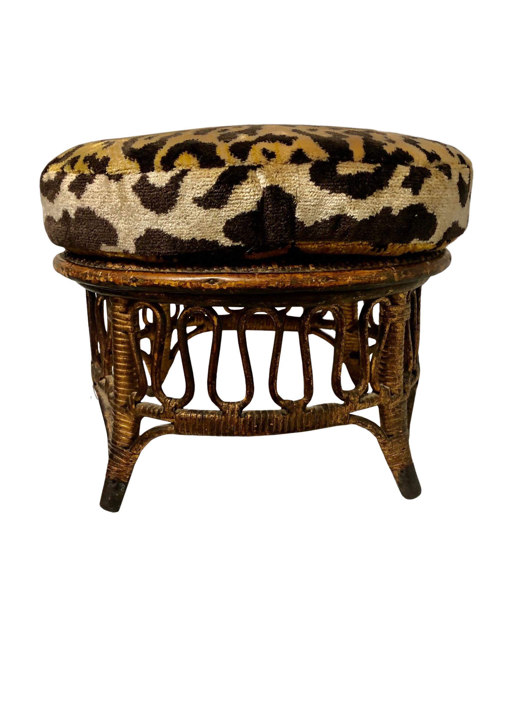 Late 19th Century Haywood Wakefield Stool in Tiger Velvet Upholstery