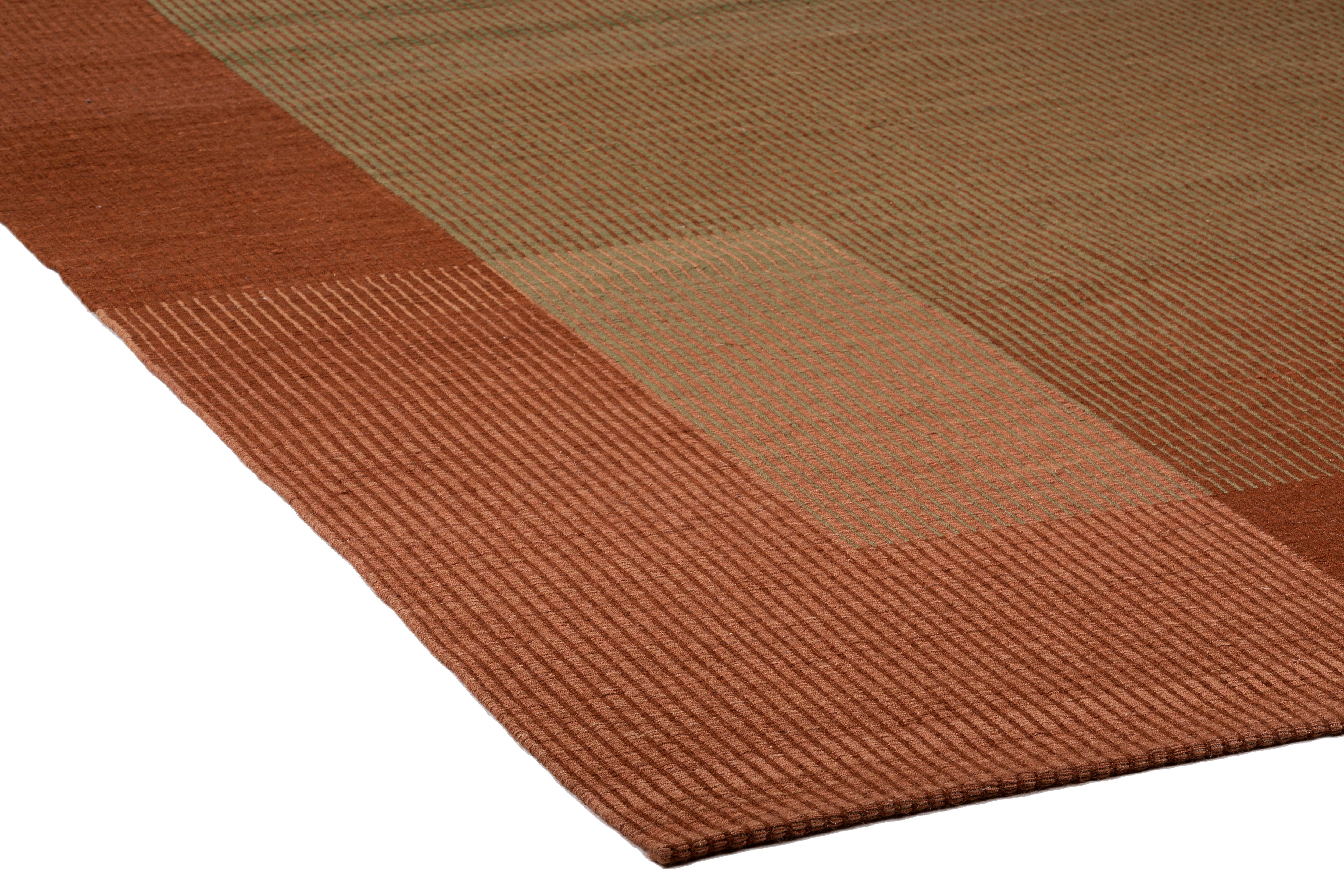 Modern Haze Kilim Area Rug Wool Handwoven in Turkey Vineyard in Terracotta Red Medium