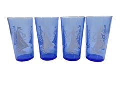 Hazel Atlas 11 Piece Cocktail Shaker and 10 Glasses, Cobalt w/ White Sailboats