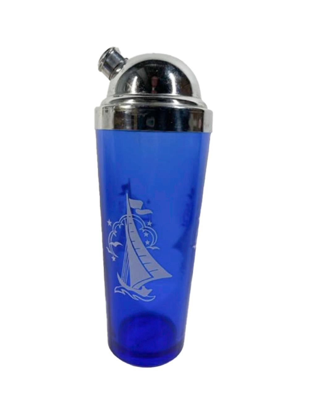 Hazel Atlas 11 Piece Cocktail Shaker and 10 Glasses, Cobalt w/ White Sailboats In Good Condition For Sale In Nantucket, MA