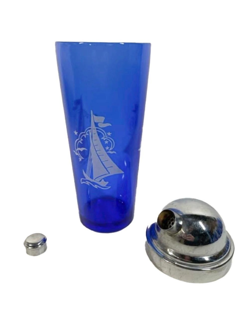 20th Century Hazel Atlas 11 Piece Cocktail Shaker and 10 Glasses, Cobalt w/ White Sailboats For Sale