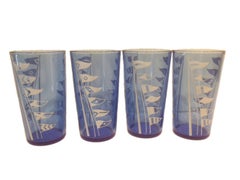 Hazel Atlas Cobalt Blue Glass Cocktail Shaker Set with White Nautical Flags