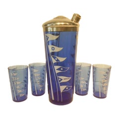 Hazel Atlas Cobalt Blue Glass Cocktail Shaker Set with White Nautical Flags