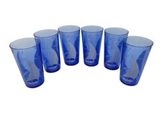 Hazel-Atlas Cobalt Cocktail Shaker and 6 Glasses with White Sailboats and Birds