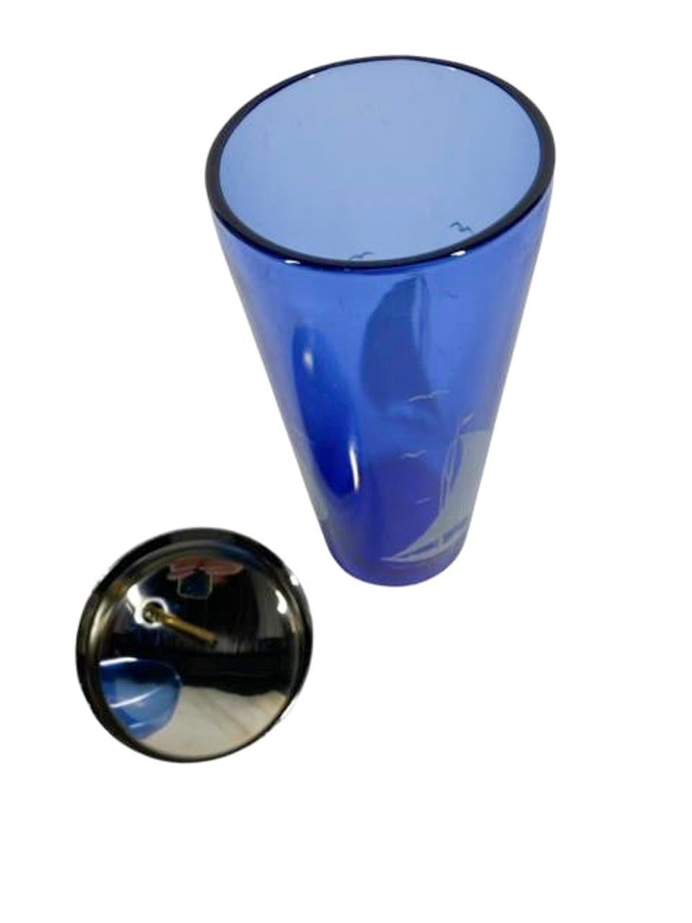 American Hazel-Atlas Cobalt Cocktail Shaker and 6 Glasses with White Sailboats and Birds For Sale