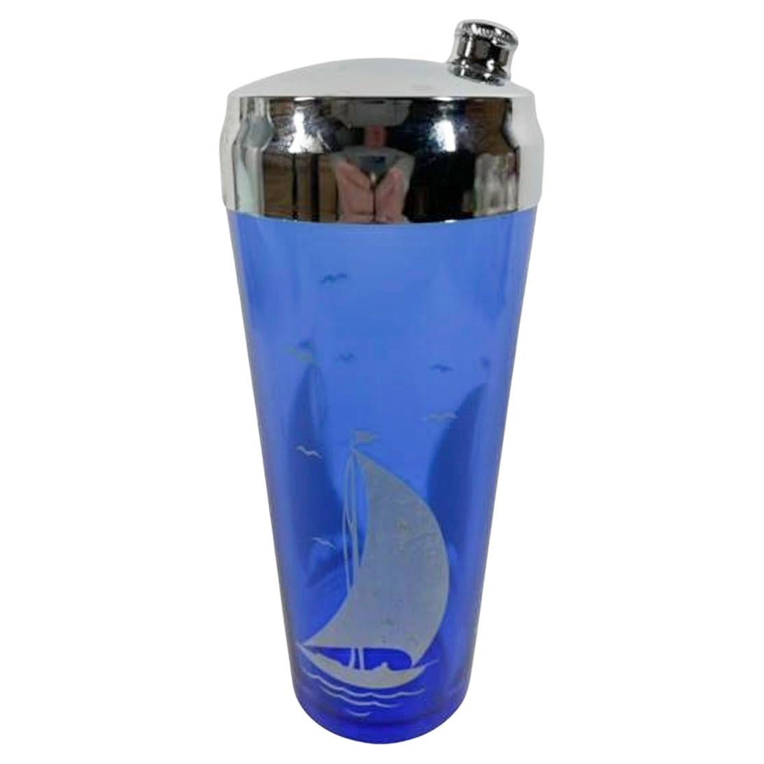 Hazel-Atlas Cobalt Cocktail Shaker and 6 Glasses with White Sailboats and Birds For Sale