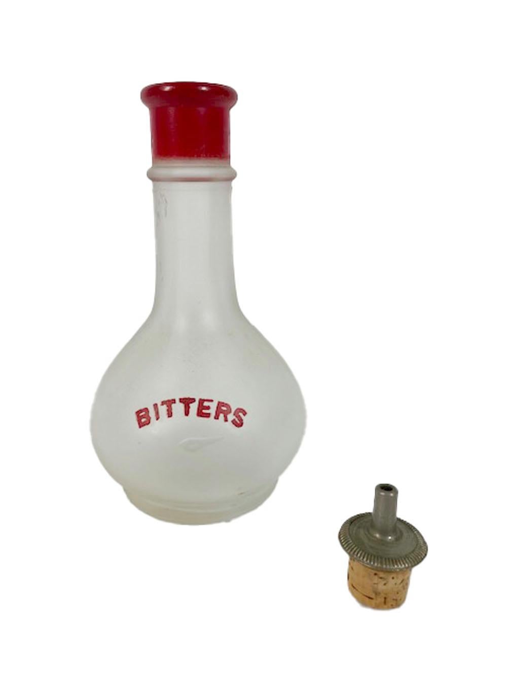 Art Deco bitters bottle by Hazel-Atlas with a cork and metal dasher stopper, the bottle of a ball-form base with long narrow neck of frosted glass with red collar and the word 
