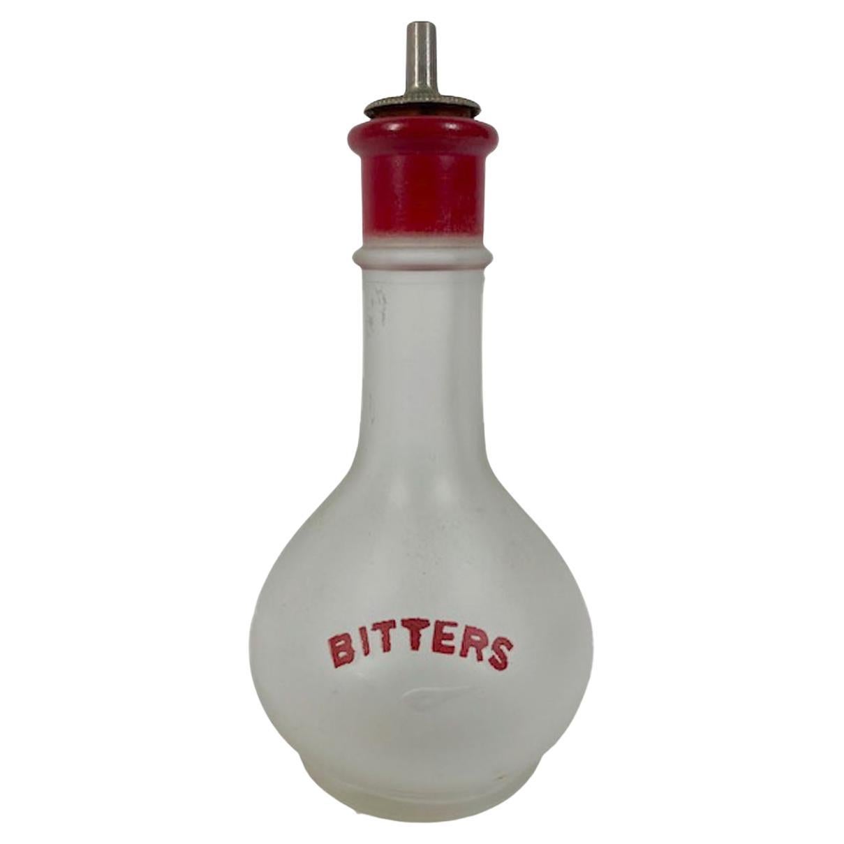 Hazel-Atlas Frosted Bitters Bottle with "Bitters" and Collar in Red Enamel For Sale