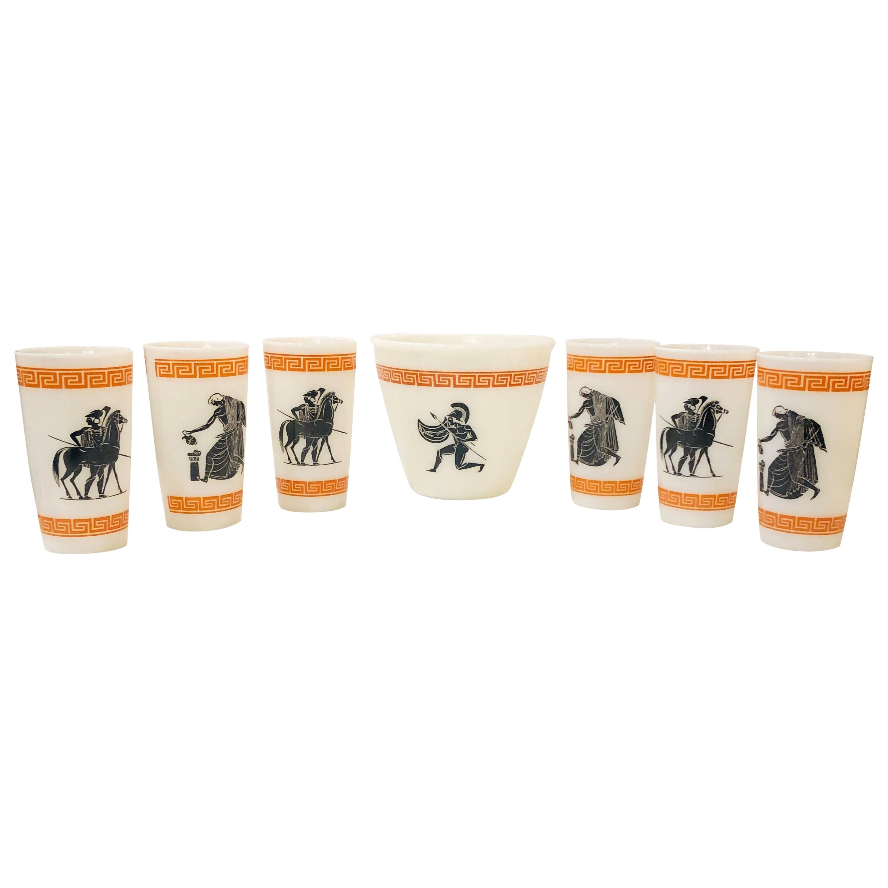 Hazel Atlas Orange White & Black Greek Key Theme 6 Cocktail Glasses & Ice Bucket For Sale