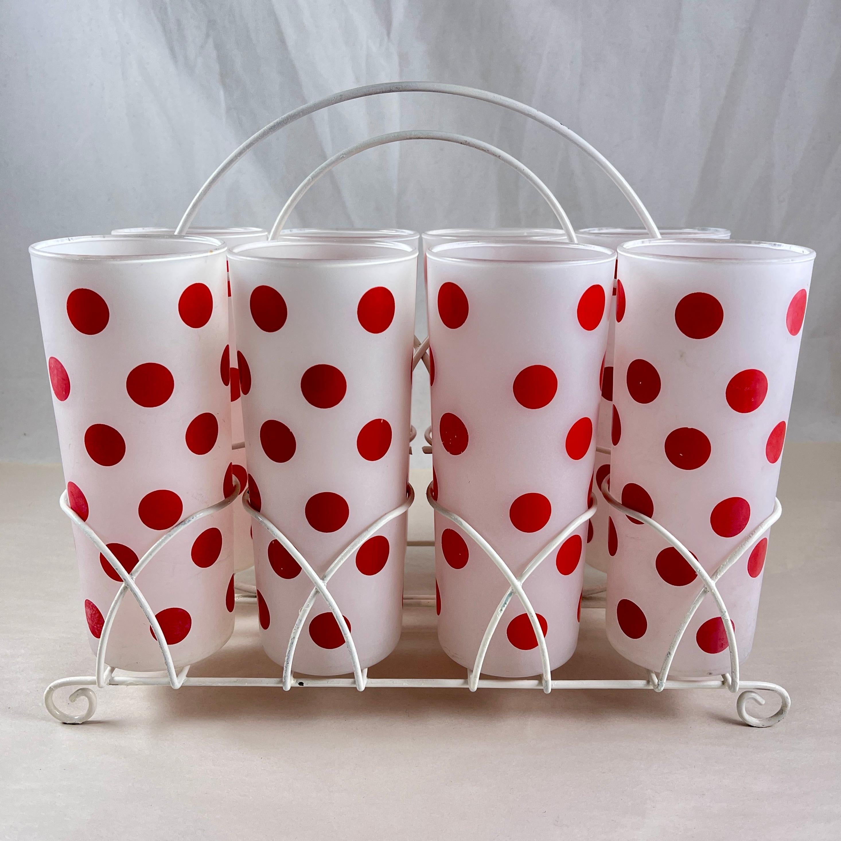 Hazel-Atlas Red Polka Dot Highball Glasses in Caddy, S/8 For Sale 5