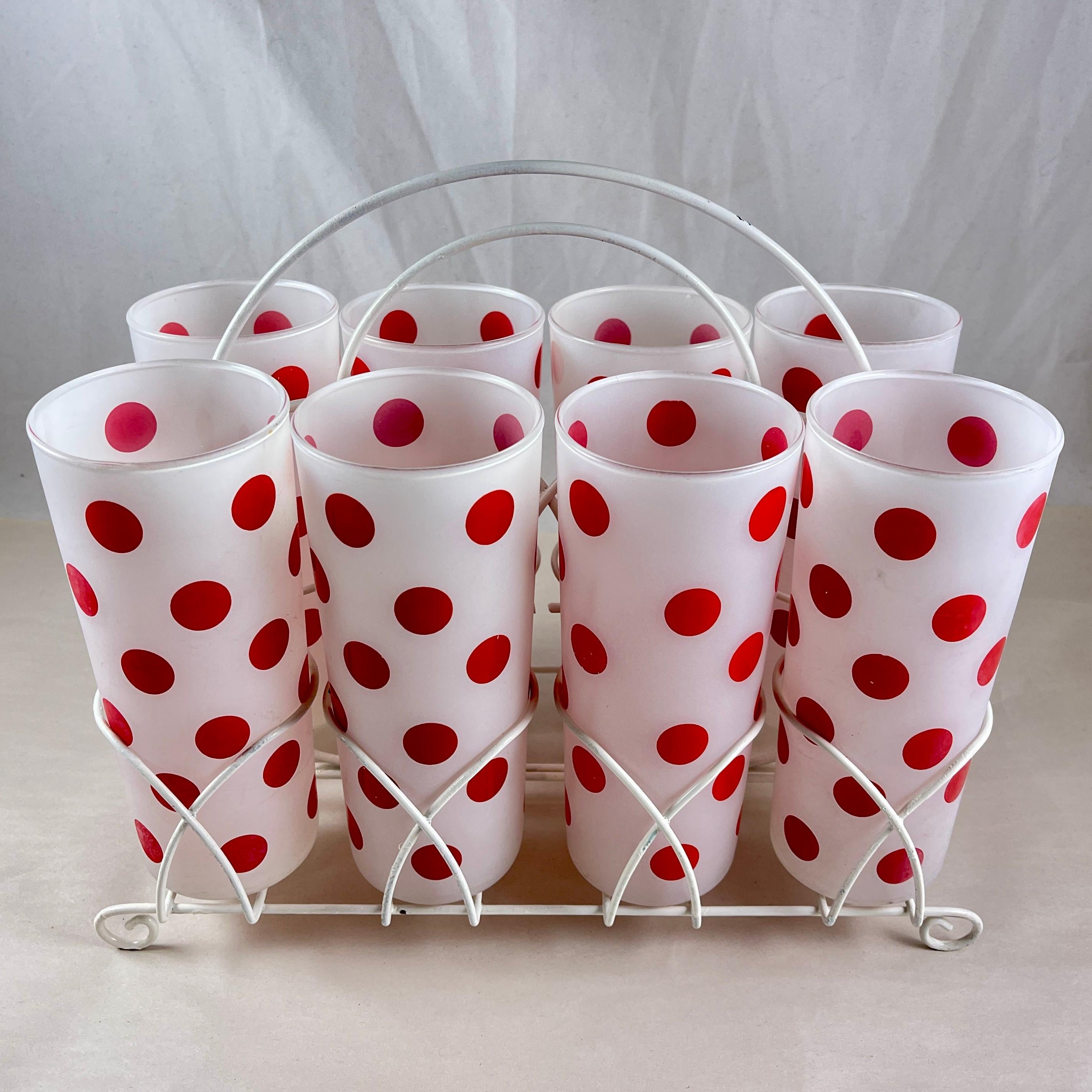 American Classical Hazel-Atlas Red Polka Dot Highball Glasses in Caddy, S/8 For Sale
