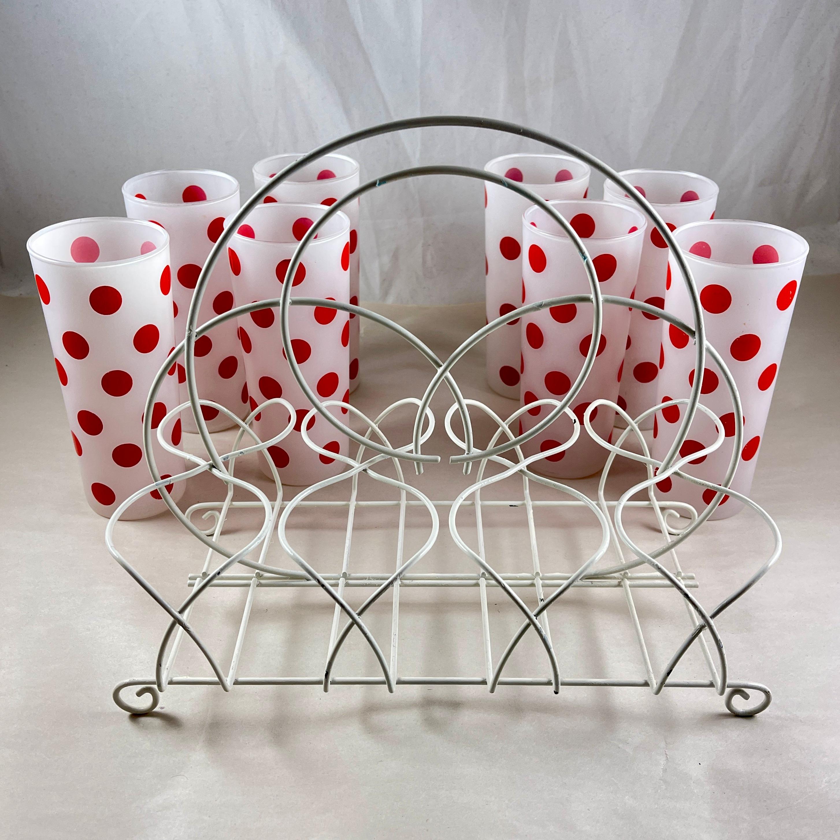 American Hazel-Atlas Red Polka Dot Highball Glasses in Caddy, S/8 For Sale