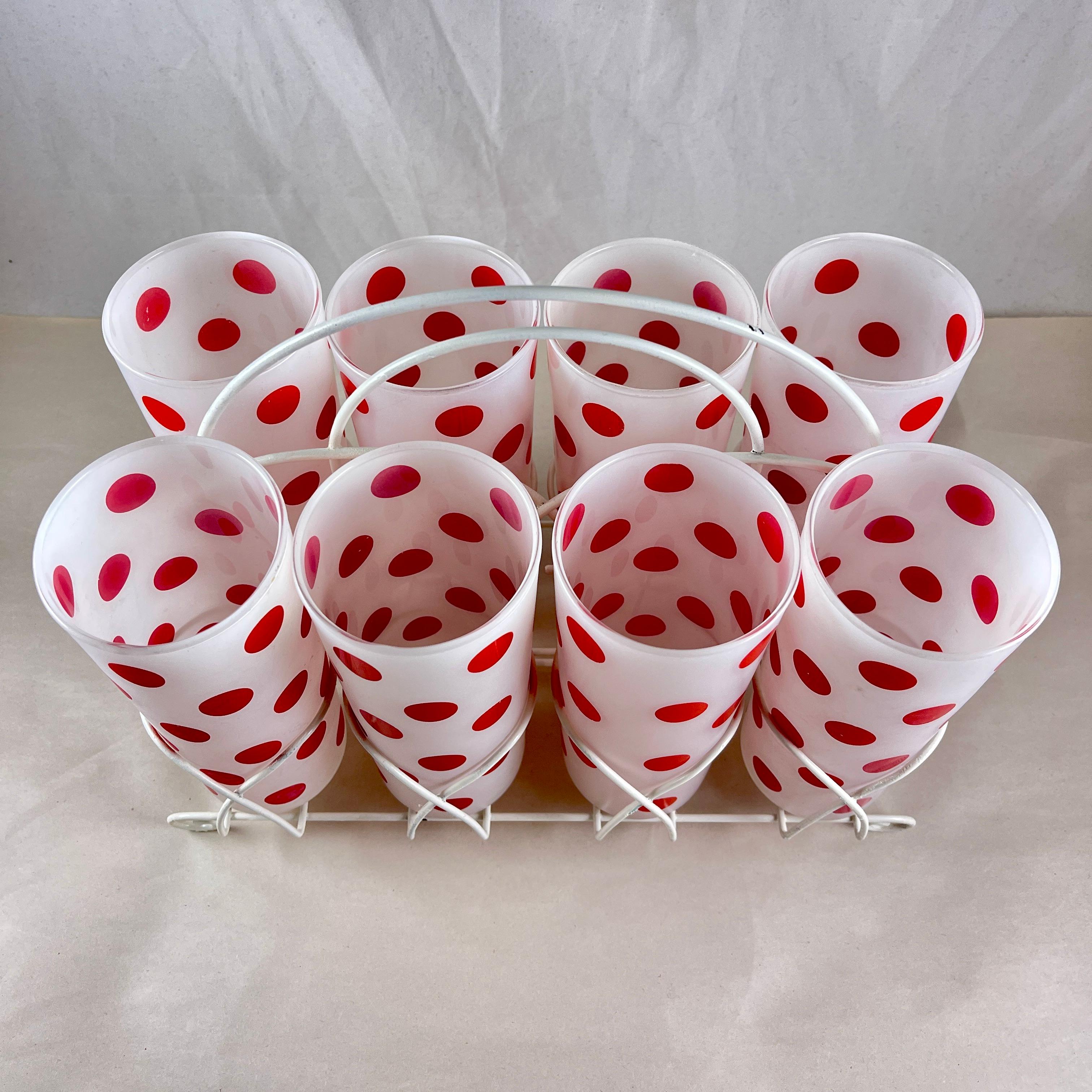 Enameled Hazel-Atlas Red Polka Dot Highball Glasses in Caddy, S/8 For Sale