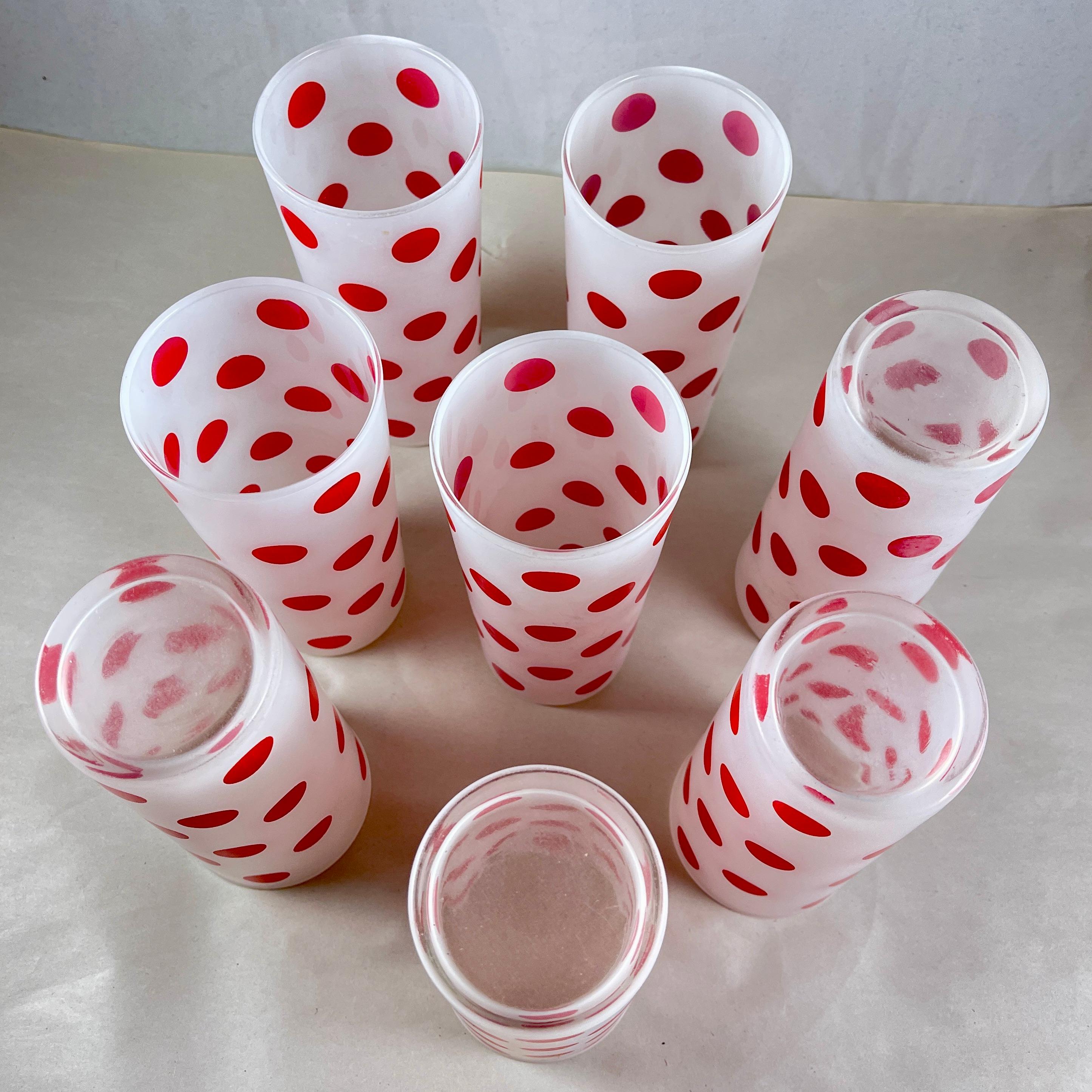 20th Century Hazel-Atlas Red Polka Dot Highball Glasses in Caddy, S/8 For Sale