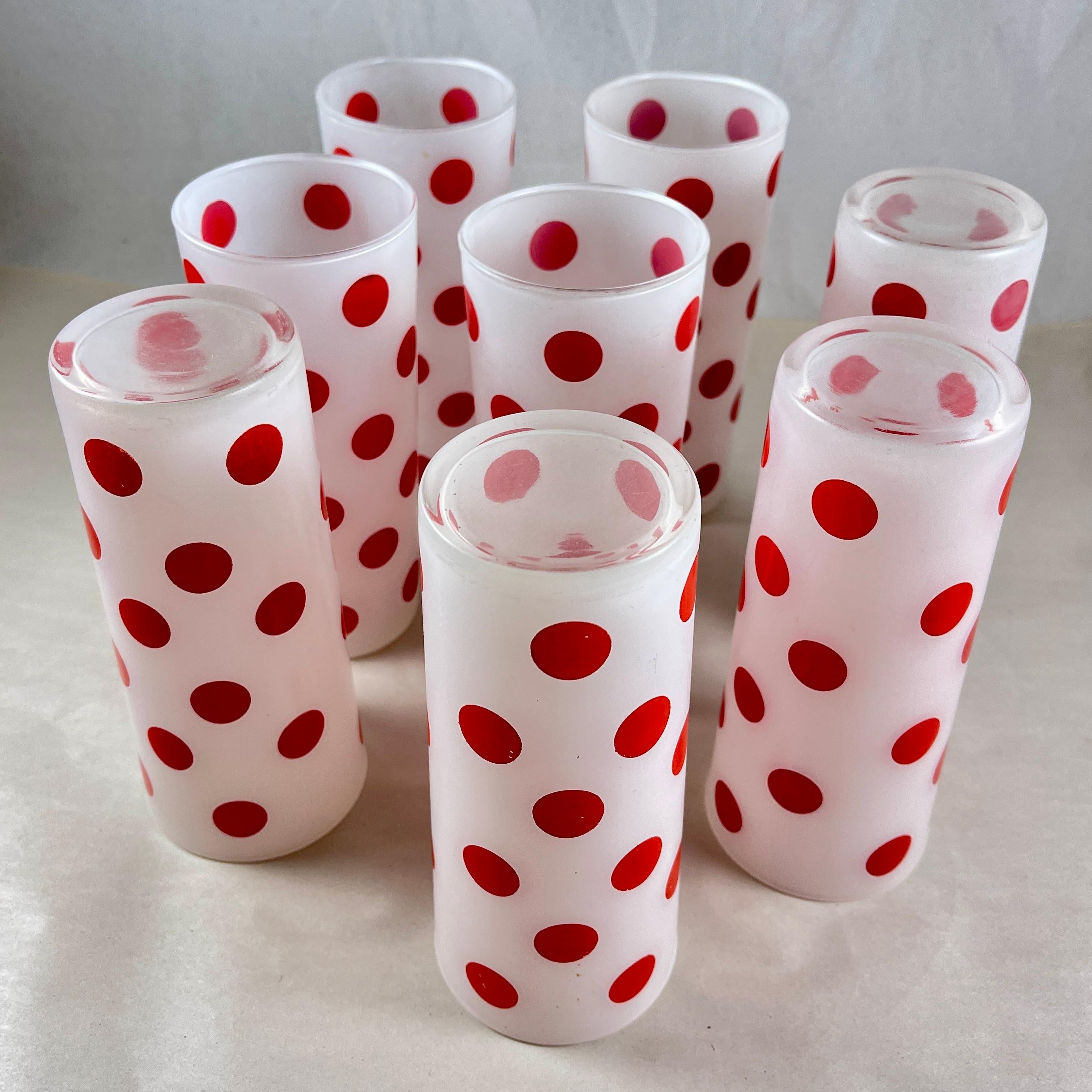 Metal Hazel-Atlas Red Polka Dot Highball Glasses in Caddy, S/8 For Sale