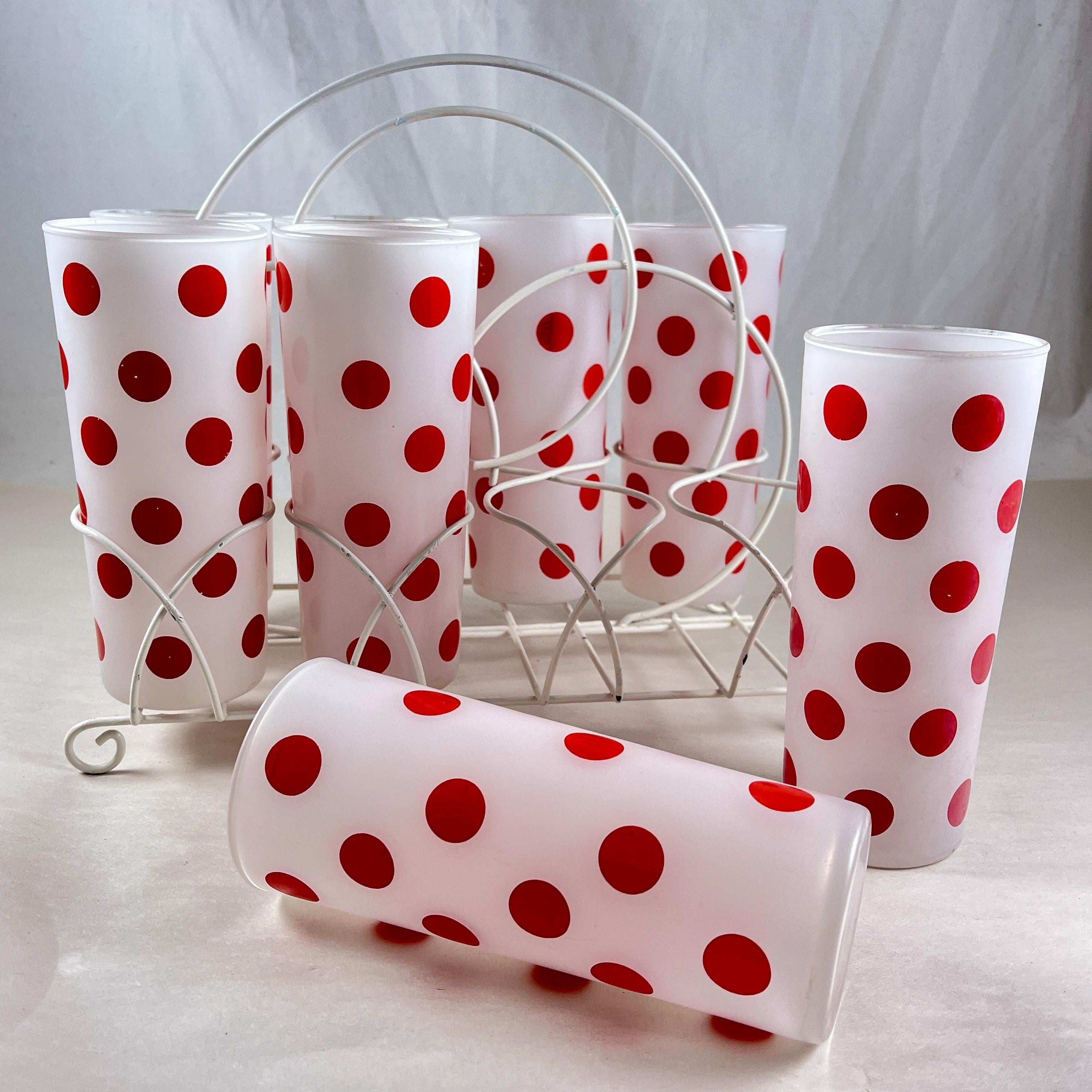 Hazel-Atlas Red Polka Dot Highball Glasses in Caddy, S/8 For Sale 1