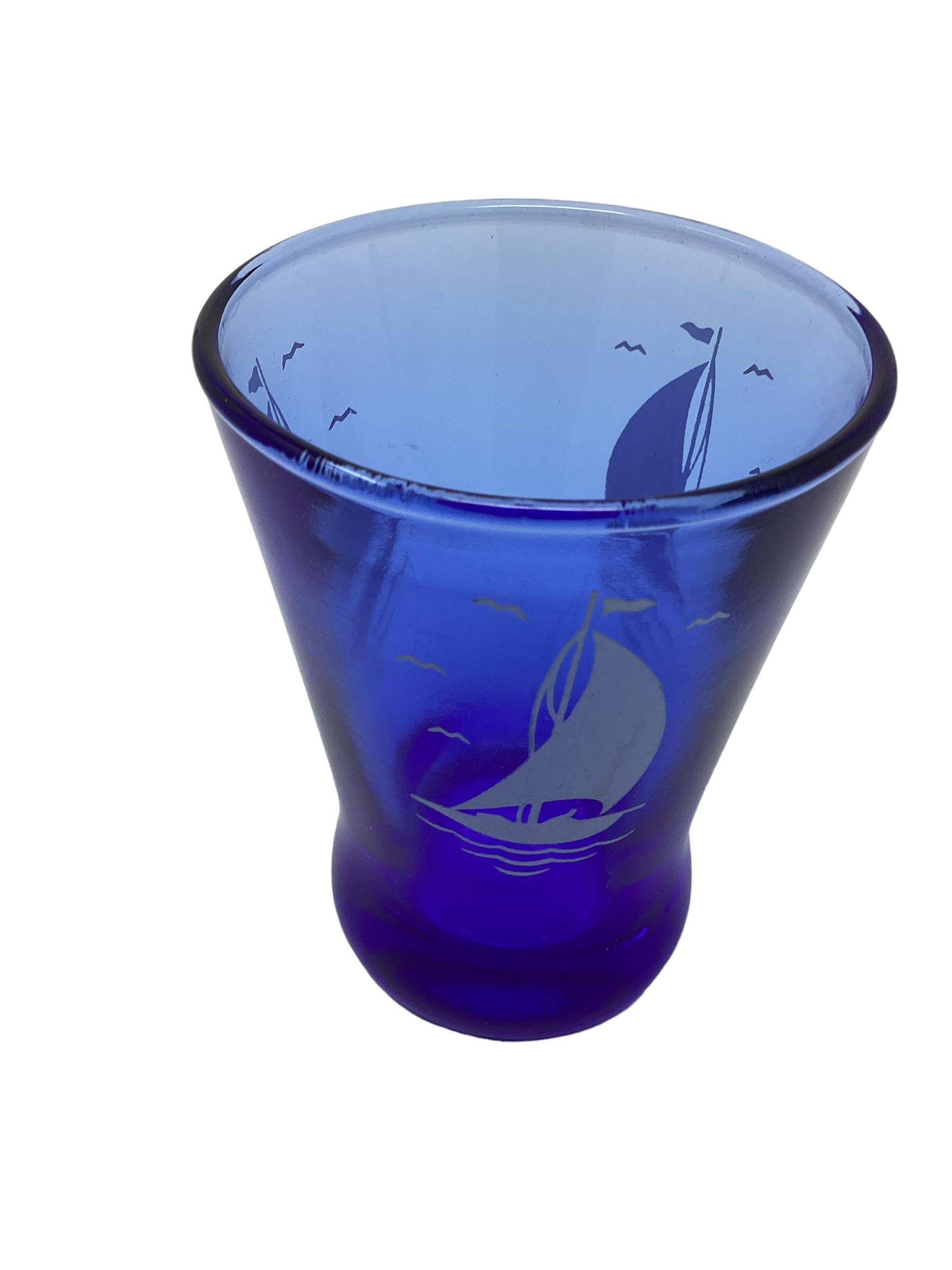Hazel Atlas Sportsman Series Cobalt Blue with White Sailboat Cocktail Set. The cocktail cups measure 2.5