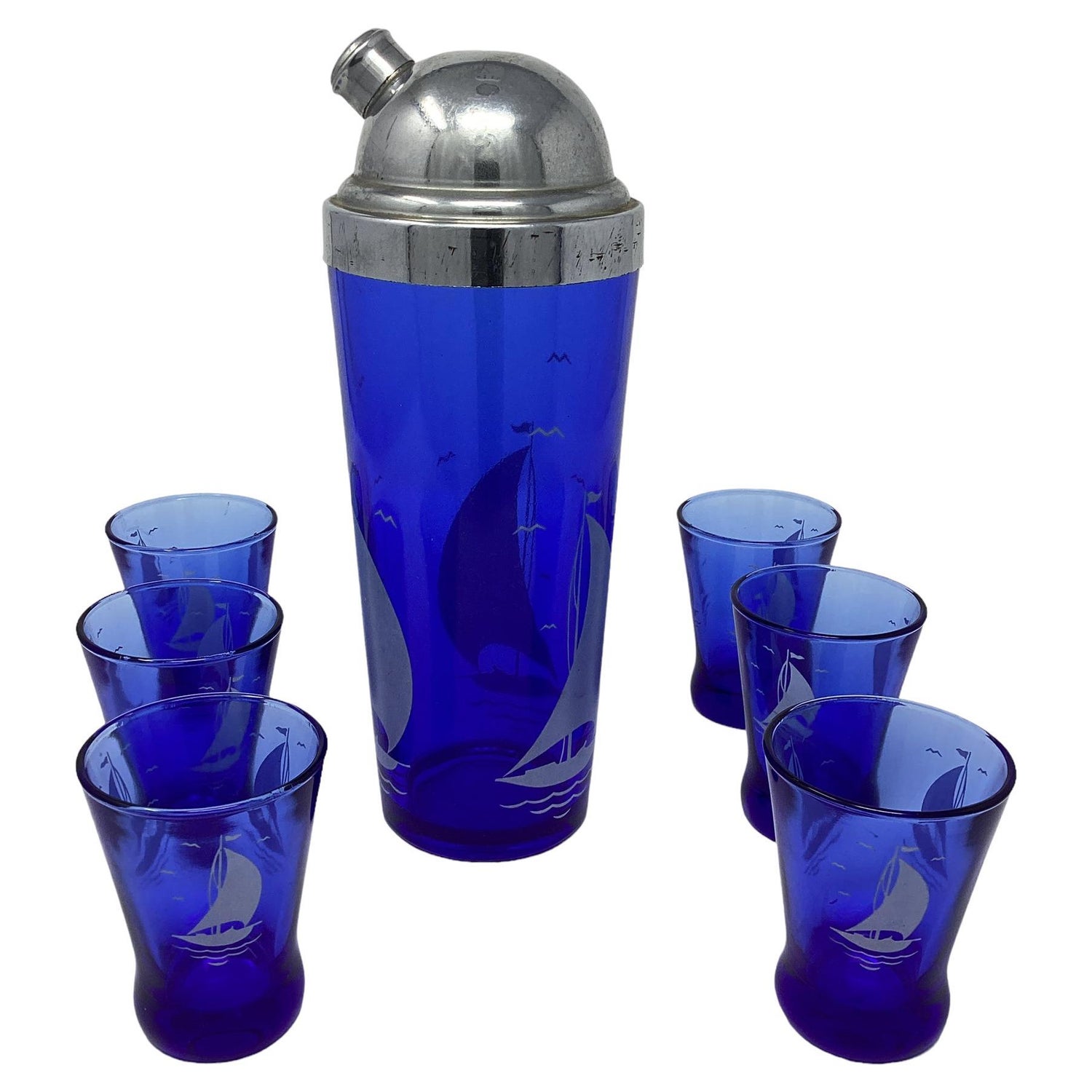 Cobalt Blue Ridged Glass Cocktail Martini Shaker with 4 Matching