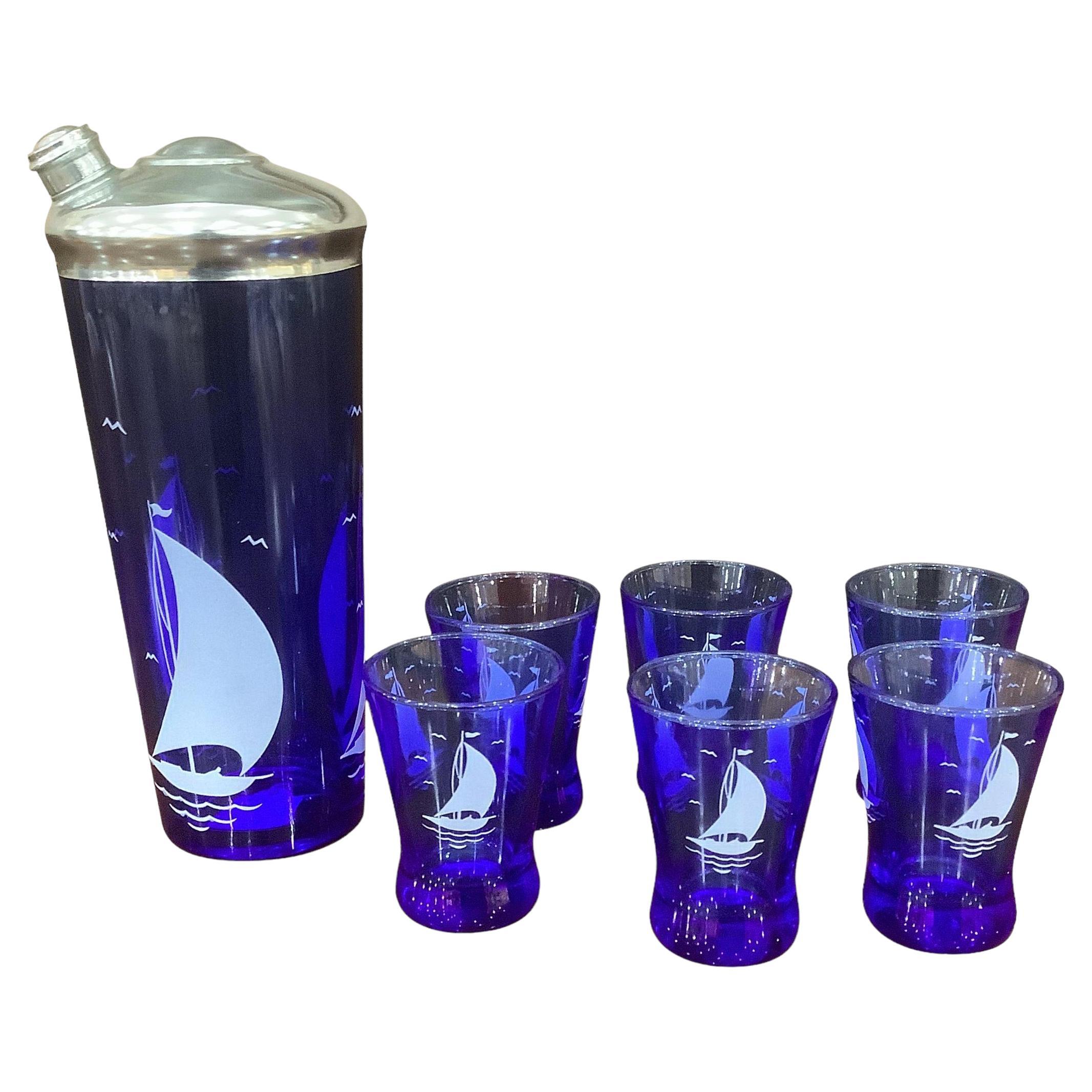 Hazel-Atlas Sportsman Series Cobalt Blue with White Sailboat Cocktail Set