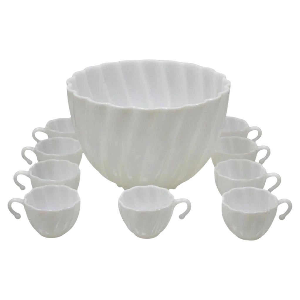 Hazel Atlas White Apline Swirl Punch Bowl Set 9 Hook Handle Cups - 10 pcs For Sale