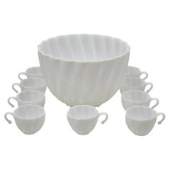 Hazel Atlas White Apline Swirl Punch Bowl Set 9 Hook Handle Cups - 10 pcs