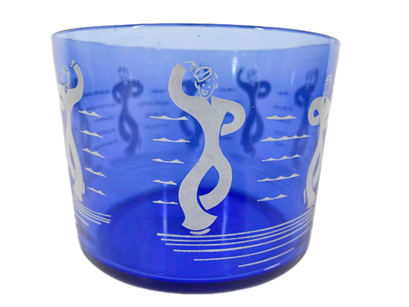 Art Deco ice bowl of cylindrical form with Dancing Sailors printed in white on cobalt glass.