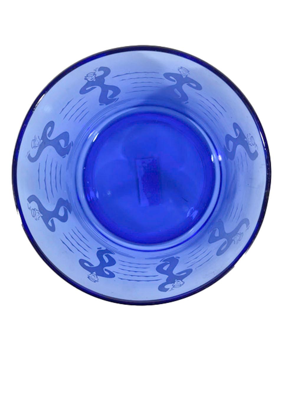American Hazel Atlas White on Cobalt Dancing Sailors Ice Bowl from the Sportsman Series For Sale