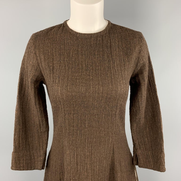 HAZEL BROWN Size 2 Brown Wool / Cotton Textured Long Sleeve Dress at