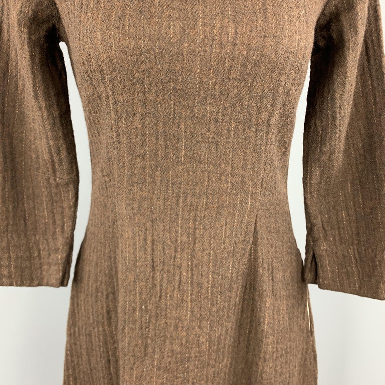 HAZEL BROWN Size 2 Brown Wool / Cotton Textured Long Sleeve Dress at