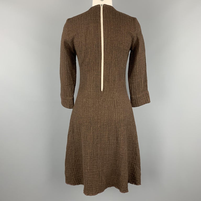 HAZEL BROWN Size 2 Brown Wool / Cotton Textured Long Sleeve Dress at