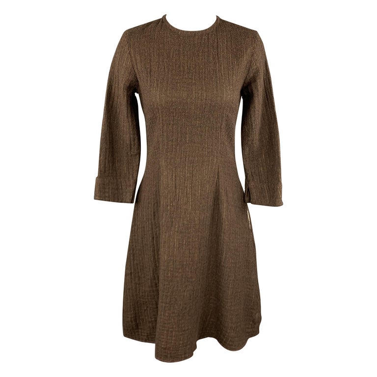 HAZEL BROWN Size 2 Brown Wool / Cotton Textured Long Sleeve Dress at