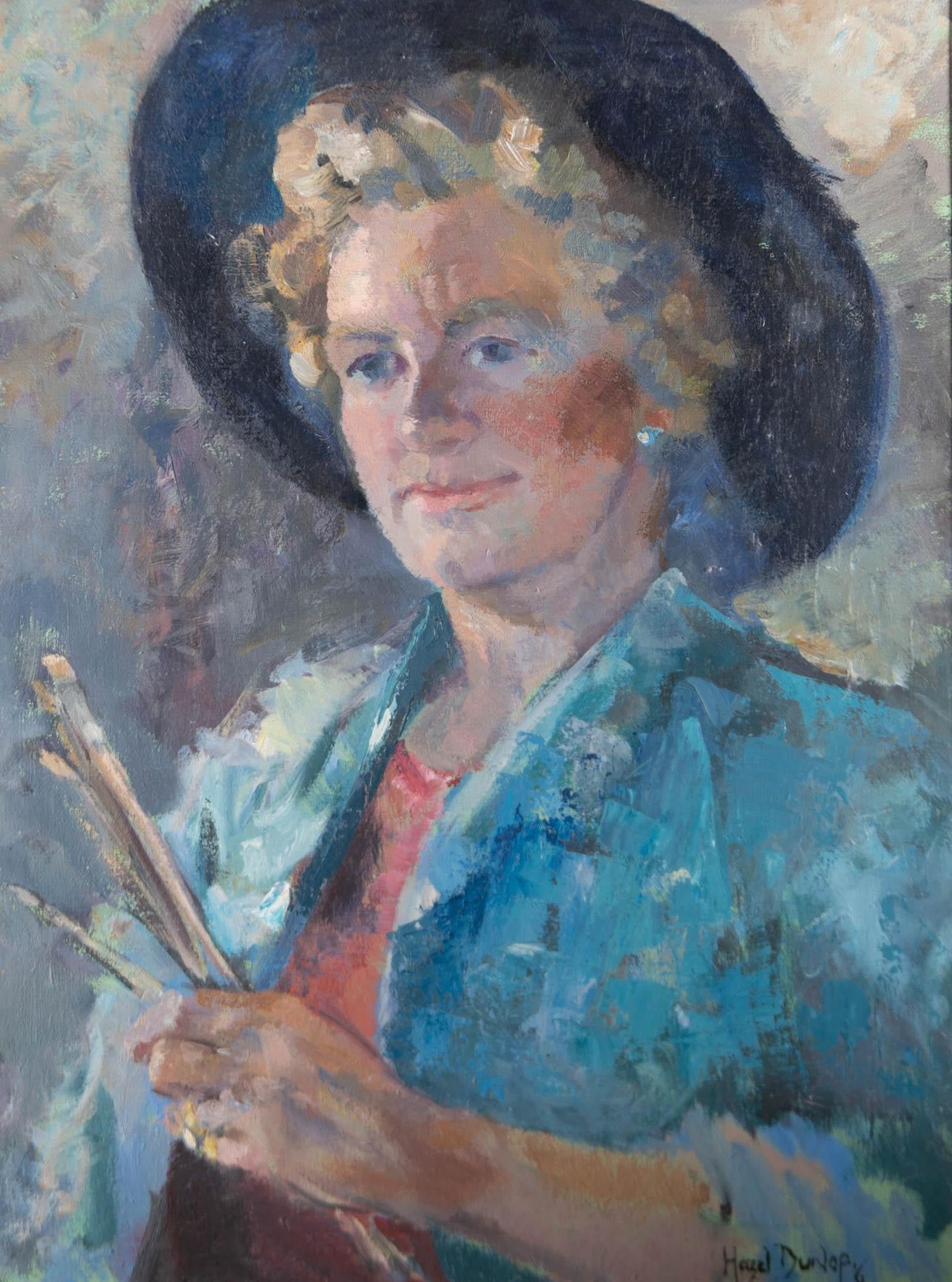 An emotive oil painting by the artist Hazel Dunlop, depicting a portrait of fellow artist Barbara Doyle. Signed to the lower right-hand corner. There is a 'Society of Women Artists' label on the reverse inscribed with additional details.