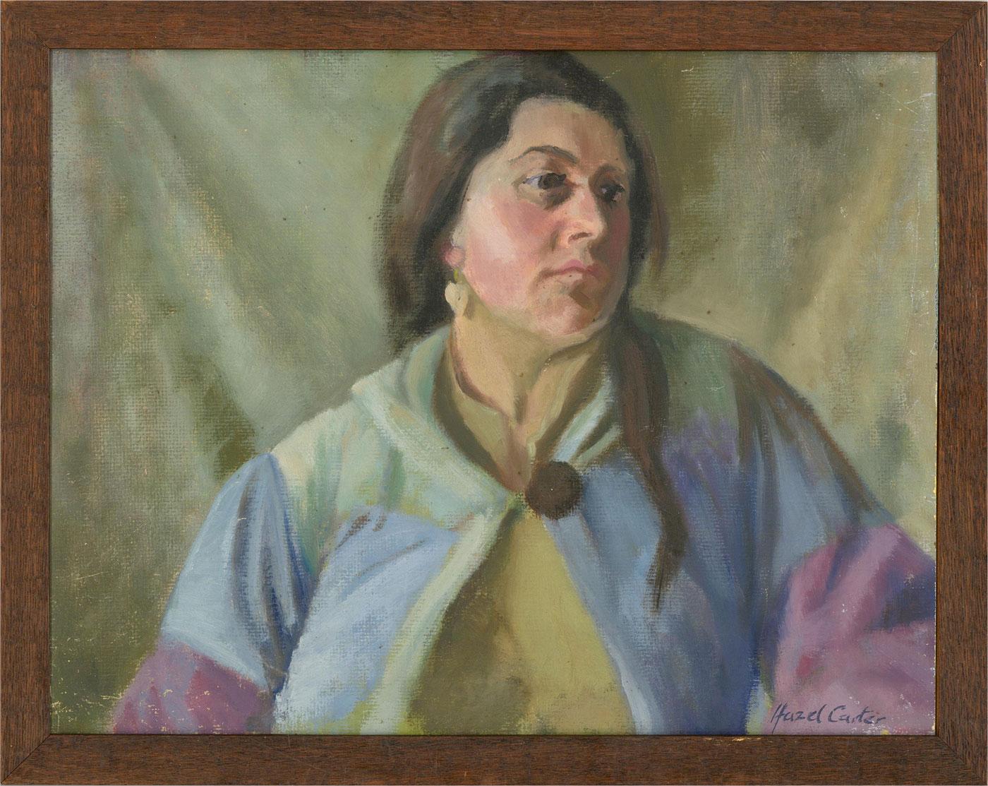 A wonderful moment captured in oil, this portrait shows a moment of deep for a rosy cheeked woman. Her dark hair falls over one shoulder of her colourful jacket as she tilts her head to the right. The artist has signed to the lower right. The