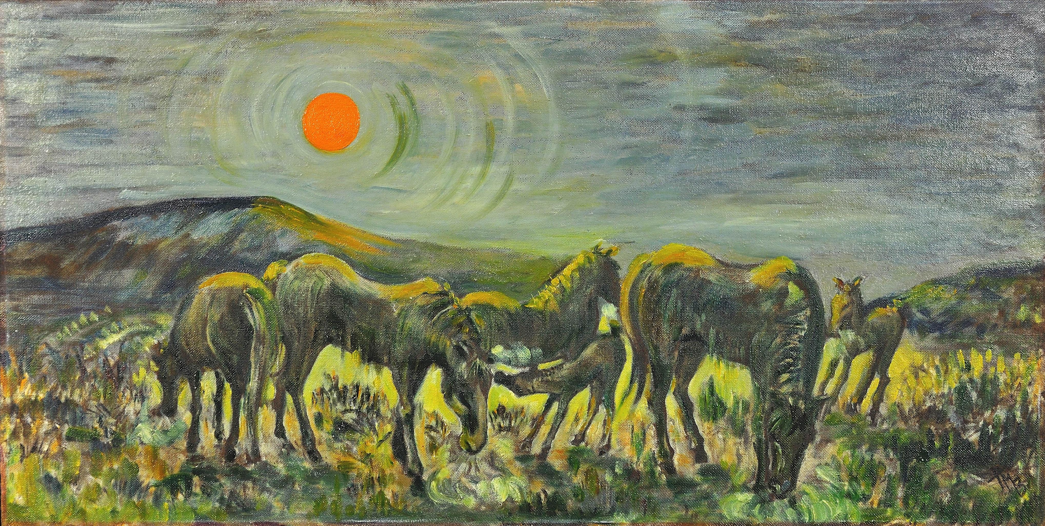 Ponies in Penlan, 1967.Swansea.Wales.Welsh Pony.Valleys.Equestrian.Hot Sun. – Painting von Hazel M. Barnett