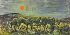 Mid 20th Century Modern British Oil Painting Welsh Ponies Grazing Penlan Swansea