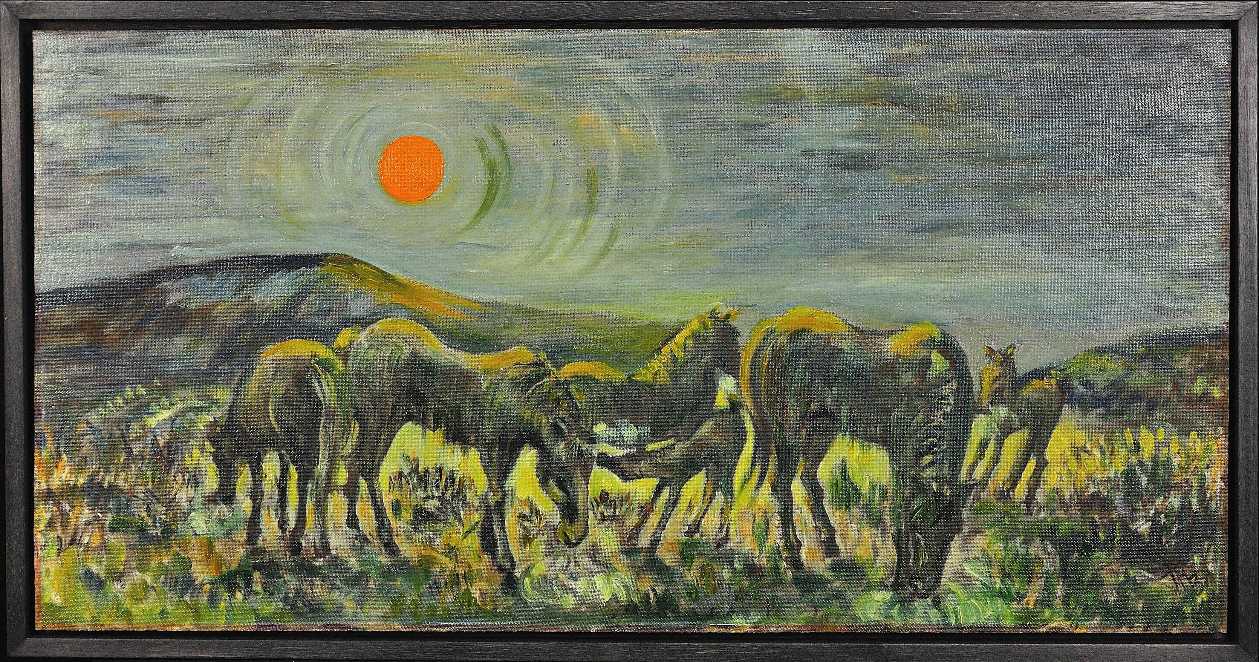 Animal Painting Hazel M. Barnett - Poneys à Penlan, 1967.Swansea.Wales.Welsh Pony.Valleys.Equestrian.Hot Sun.