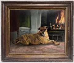 English Dog Oil Painting Boxer Dog beside Open Fireplace in Home Signed Original