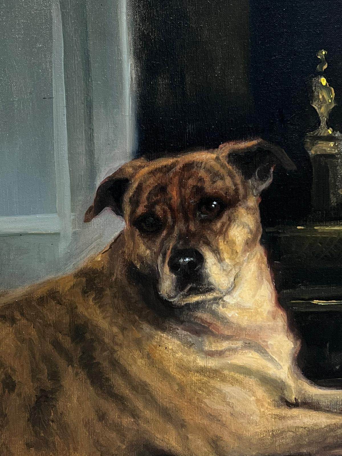 English Dog Oil Painting Boxer Dog beside Open Fireplace in Home Signed Original For Sale 1
