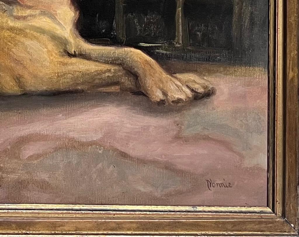 English Dog Oil Painting Boxer Dog beside Open Fireplace in Home Signed Original For Sale 2