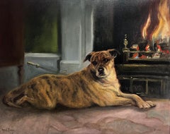 Peinture à l'huile originale représentant un chien boxeur à côté d'une cheminée ouverte dans une maison, signée